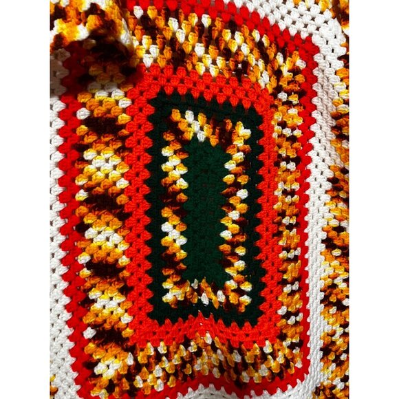 Vintage Afghan Orange Brown Yellow White Square Crochet Blanket Throw Handmade - Picture 1 of 6